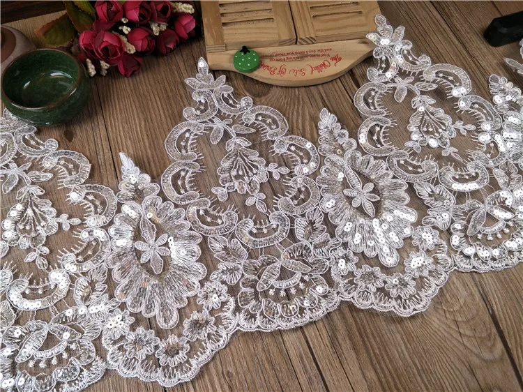 Delicate 1Yard/22cm White/Ivory Sequin Cording Fabric Flower Venise Venice Mesh Lace Trim Applique Sewing Craft for Wedding Dec.