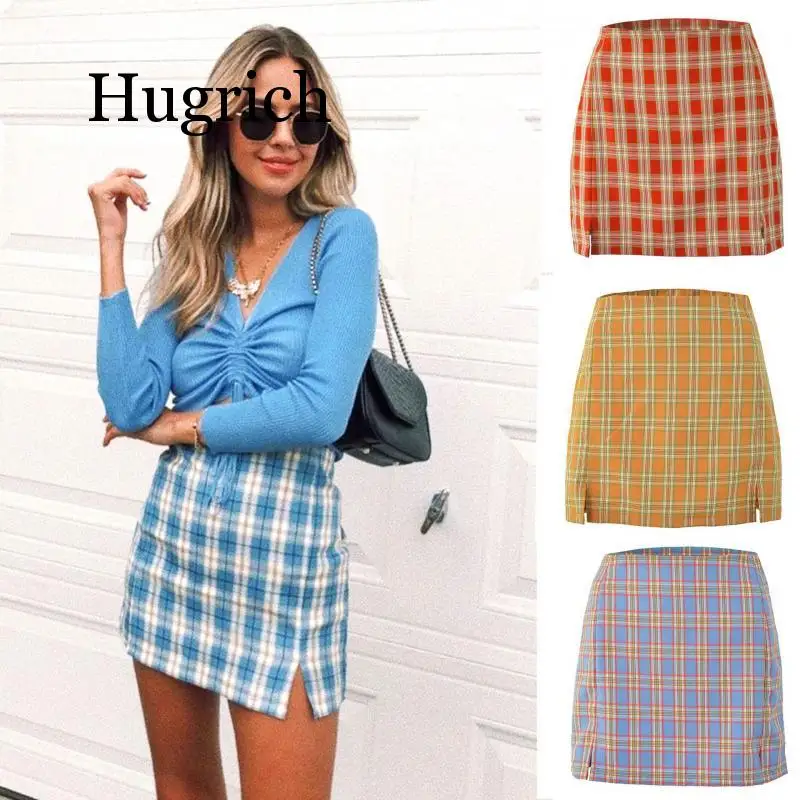 

2020 Women Fashion Cotton Plaid Bodycon Skirt Spring Europe Style Split Elegant Chic Skirts High Waist Wild Bottom