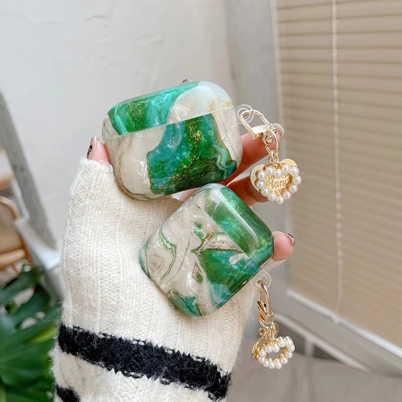 Para Apple AirPods 1 2 3 Pro funda de lujo verde Esmeralda mármol brillante funda para auriculares para AirPods 3 funda lindo corazón perla llavero