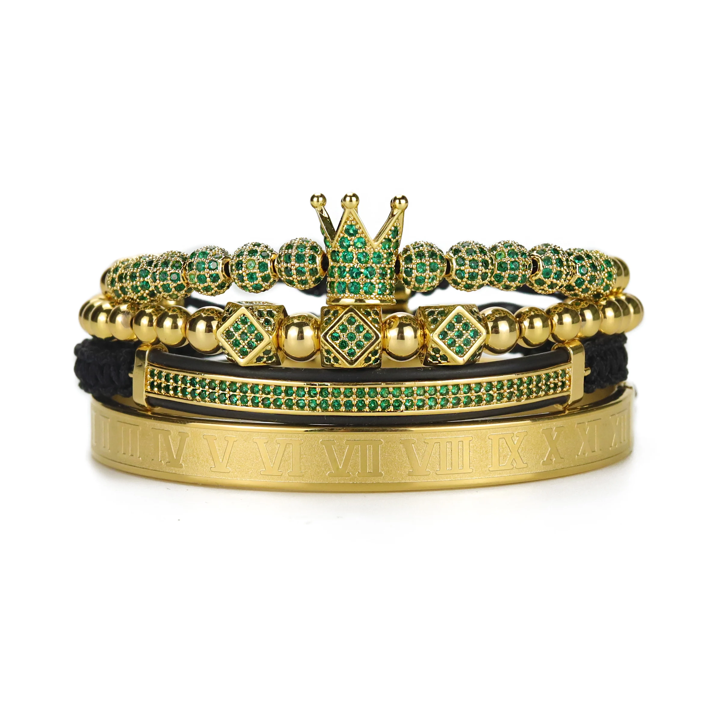 Luxury Royal King Crown Men Bracelet Stacks Stainless Steel Beads Roman Bangle Green Ghost CZ Ball Bracelets & Bangles For Men