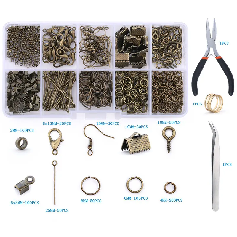 Schmuckzubehör-Set aus Legierung, Schmuckherstellungswerkzeuge, Kupferdraht, offene Biegeringe, Ohrringhaken, Schmuckherstellungszubehör-Kit