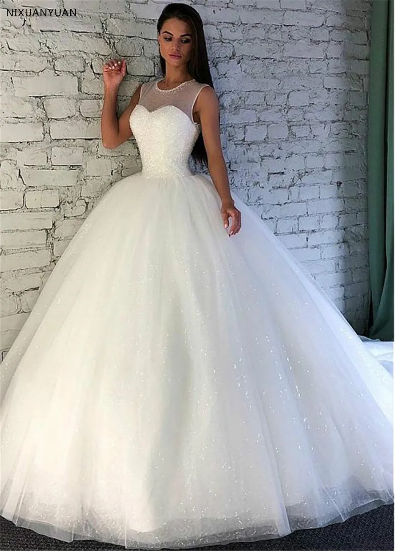 

Shining Sequin Tulle Jewel Neckline Ball Gown Wedding Dress with Beadings Sleevelss Bridal Gowns Vestido De Festa Longo