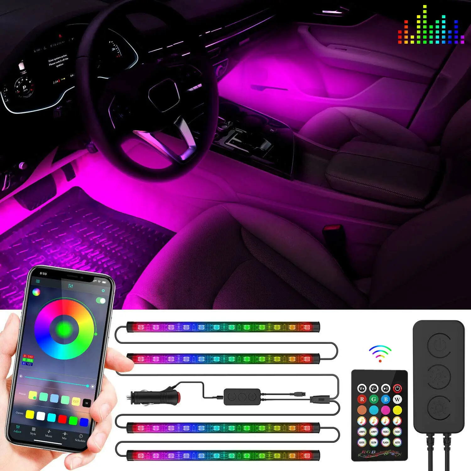 

48/72 LEDs App Remote Control Car LED Strip Lights Bluetooth Interior Decoration Atmosphere Lamp RGB