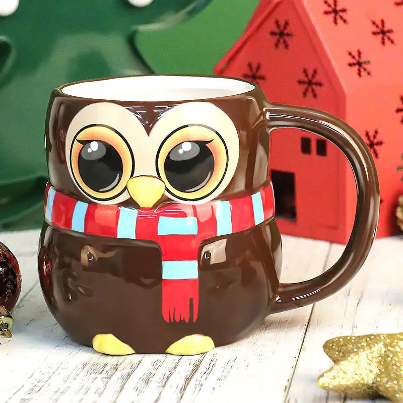 3D Animal Mug Gift Hand-painted Kawaii Cartoon Ceramic Mug Owl Panda Penguin Fox Mug Cute Coffee Mugs and Cups Christmas Gift