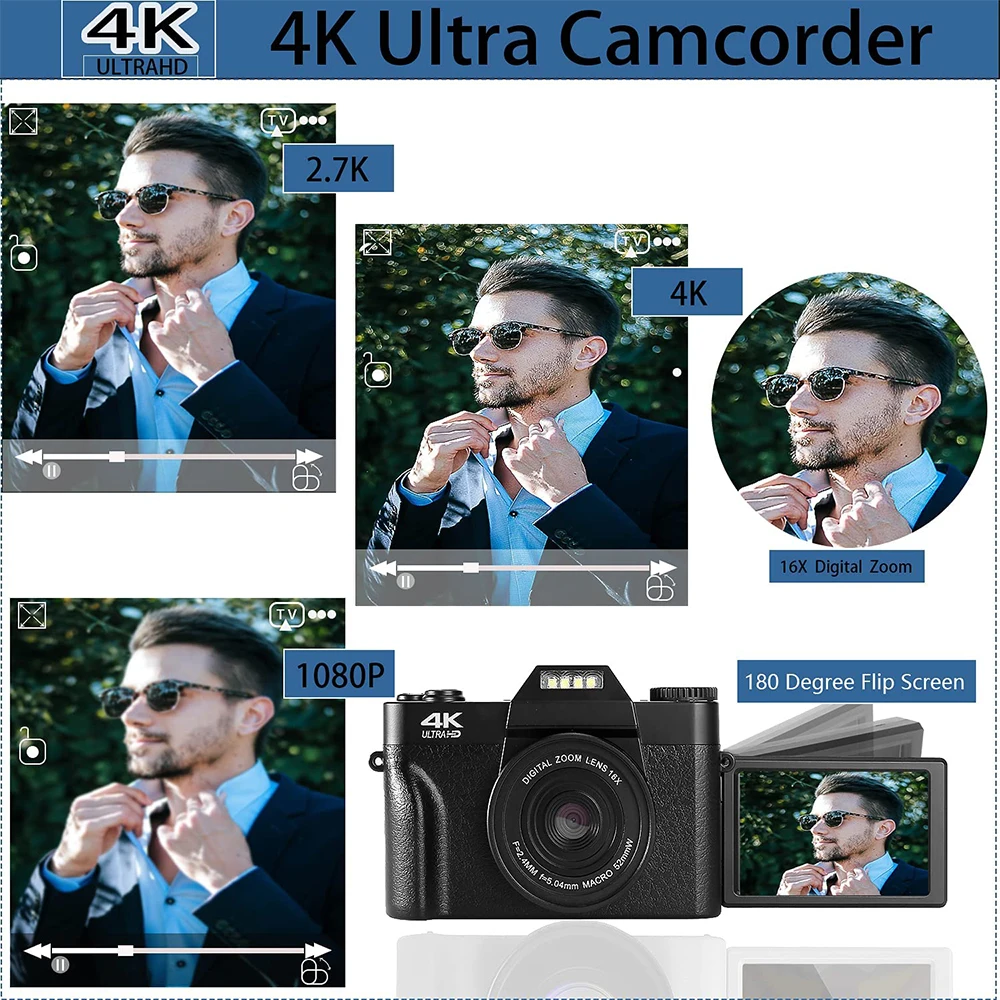 4K Full HD Digital Camera 3inch 48MP 16X Digital Zoom Flip Screen Autofocus Professional Camcorder for Photography on YouTube