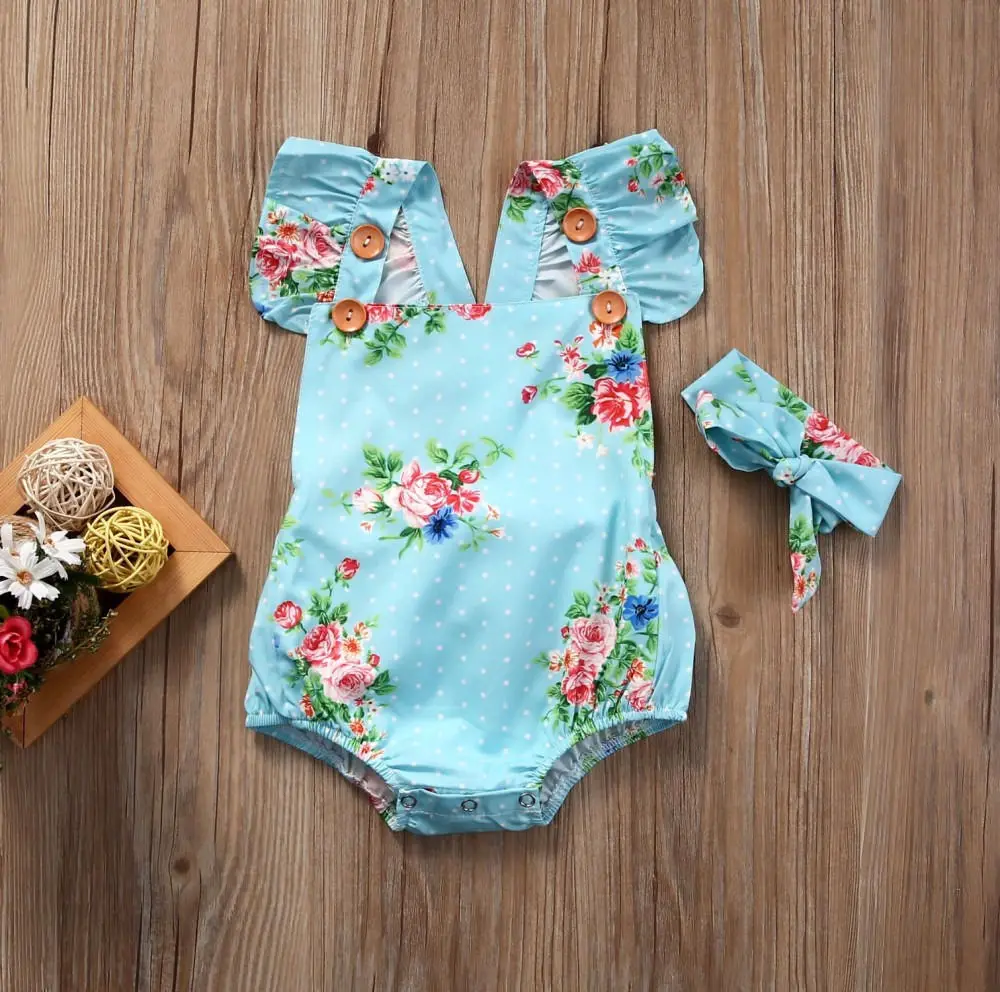 Neugeborenen Baby Mädchen Floral One-stück Romper Sunsuit Stirnband Kleidung Set 0-24M