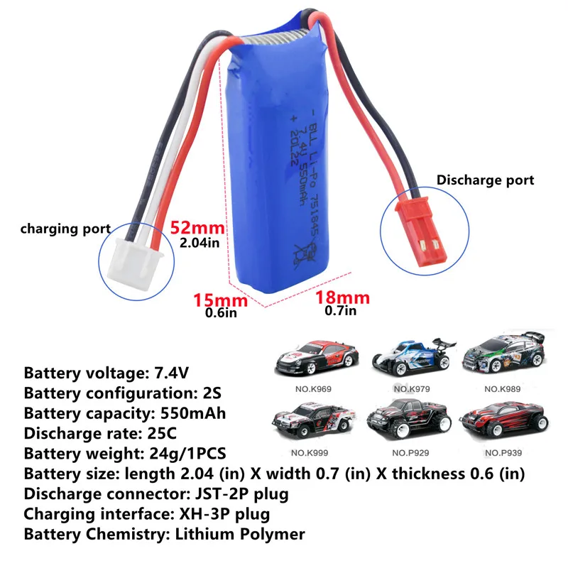 7.4V 550mAh lithium battery for wltoys K969 K979 K989 K999 P929 P939 284131 high speed remote control car accessories