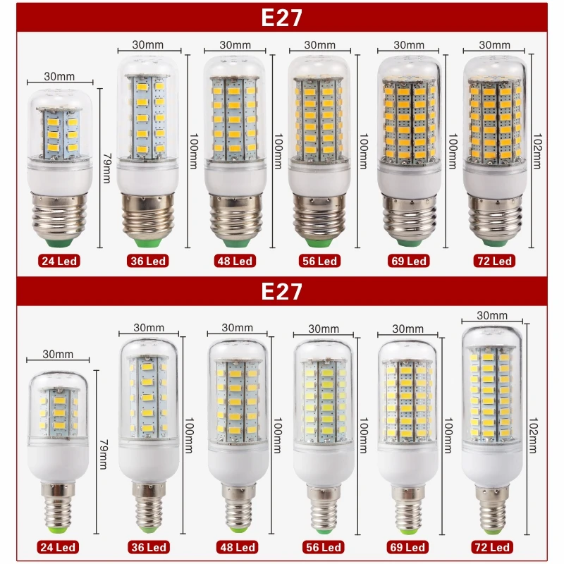 4pcs LED Corn Bulb E27 E14 Light Bulb 24 36 48 56 69 72LEDs SMD5730 220V LED Lamp Chandelier Candle Light For Home Decoration