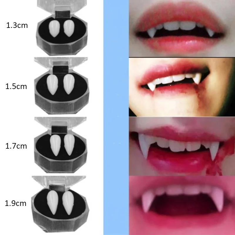 1 par de colmillos de dientes de vampiro, accesorios para dentaduras postizas, accesorios para disfraz de Halloween, pegamento sólido, adhesivo para