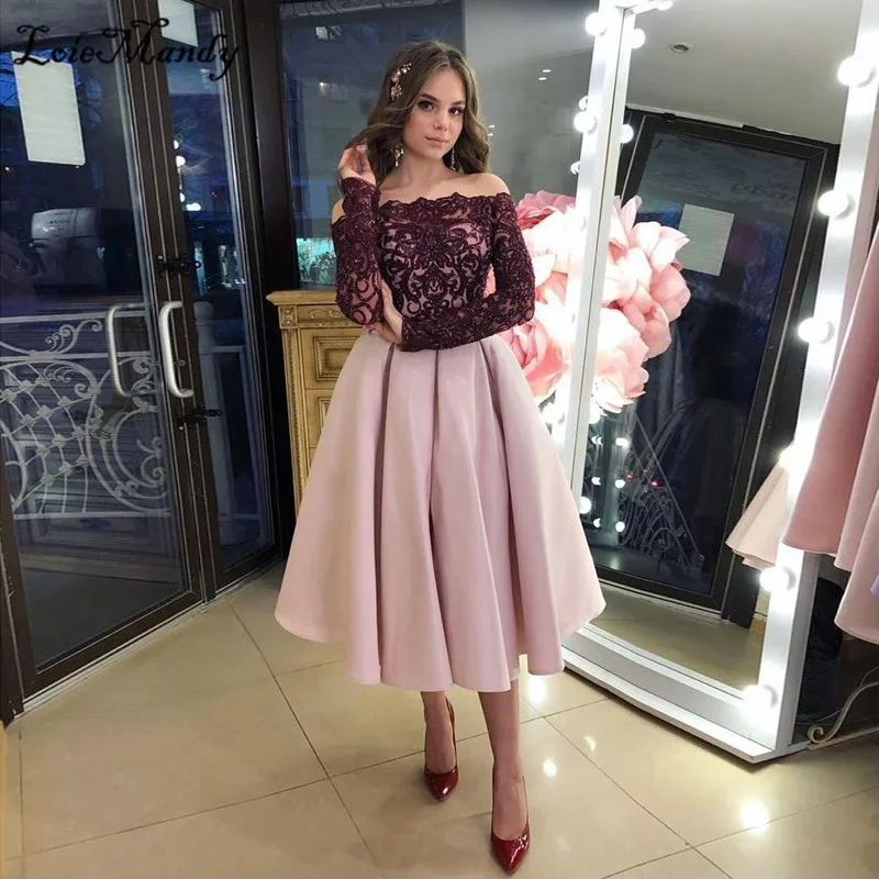 

Strapless Short Prom Dresses 2021 Elegant Black Long Sleeves Turkish Evening Gowns Tea Length Pink Vestido de fiesta de boda