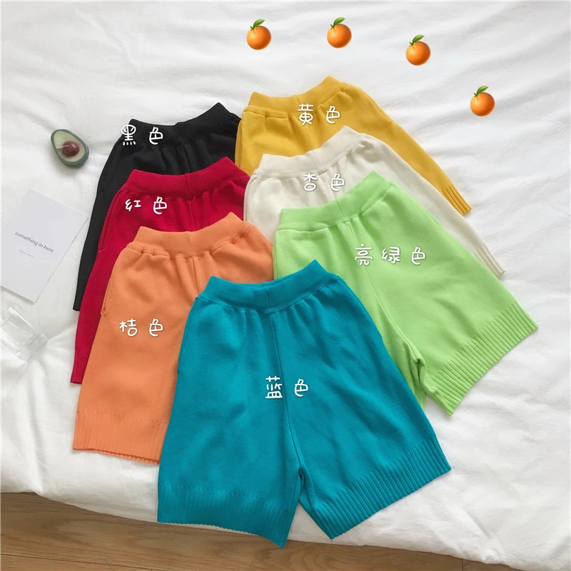 Fluoreszierende 7 Farben Gestrickte Shorts Frauen Stretch Hohe Taille Damen Kurze Hosen Frühling 2022 Lose Beiläufige Breite Bein Weibliche Shorts