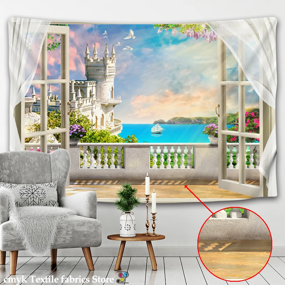 

Castle Tapestry Outside the Window Landscape Living Room Bedroom Dormitory Room Wall Decoration Background Wall Hanging Cloth