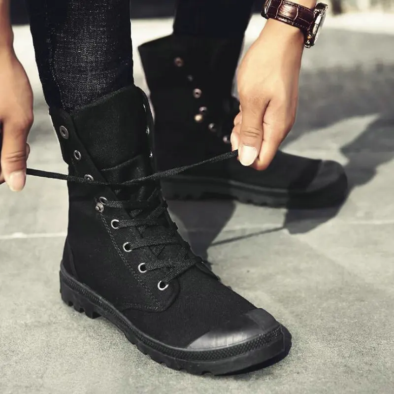 New Fashion all Black Men Casual Canvas flats Shoes Boys Tenis high top outdoor Non-slip Sneakers shoes Military boots LF-84