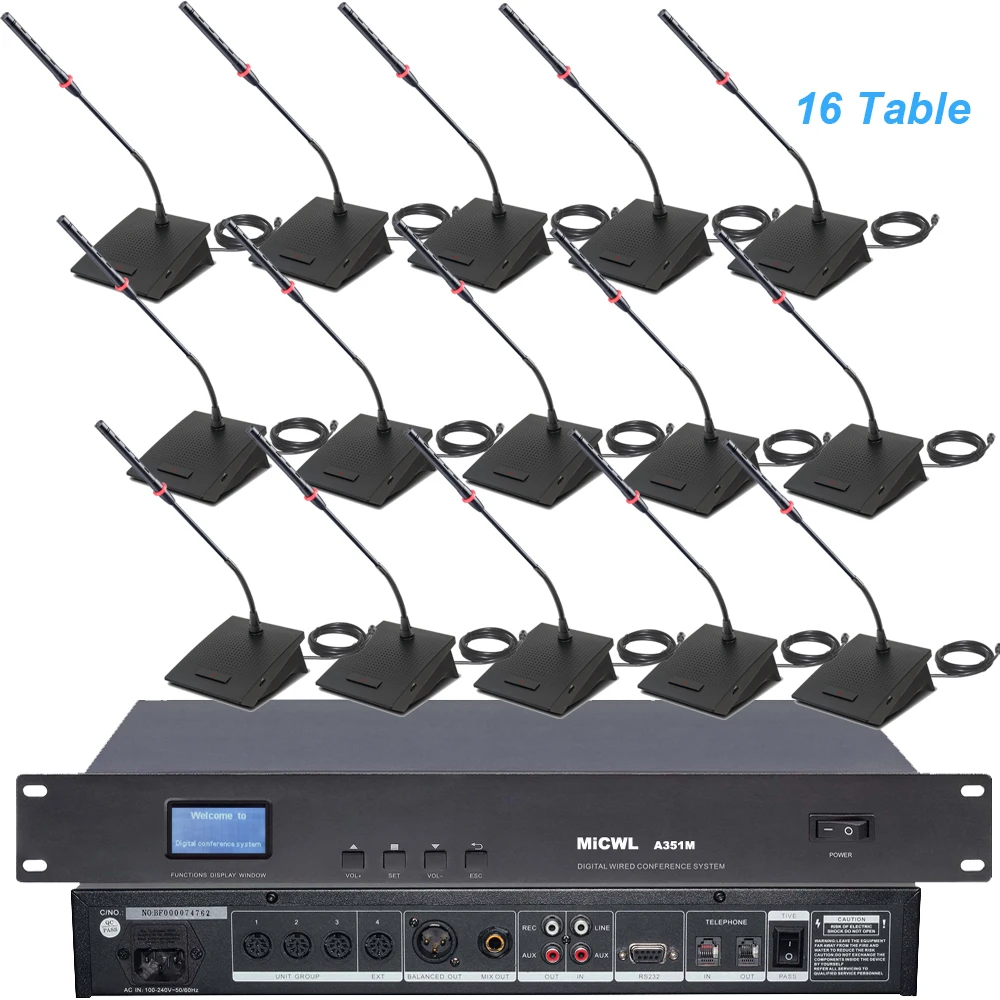 

MiCWL High-End 16 Table Digital Wired Gooseneck Microphone Discussion Conference System 16 Desktop A3517 Mics Built-in Horn