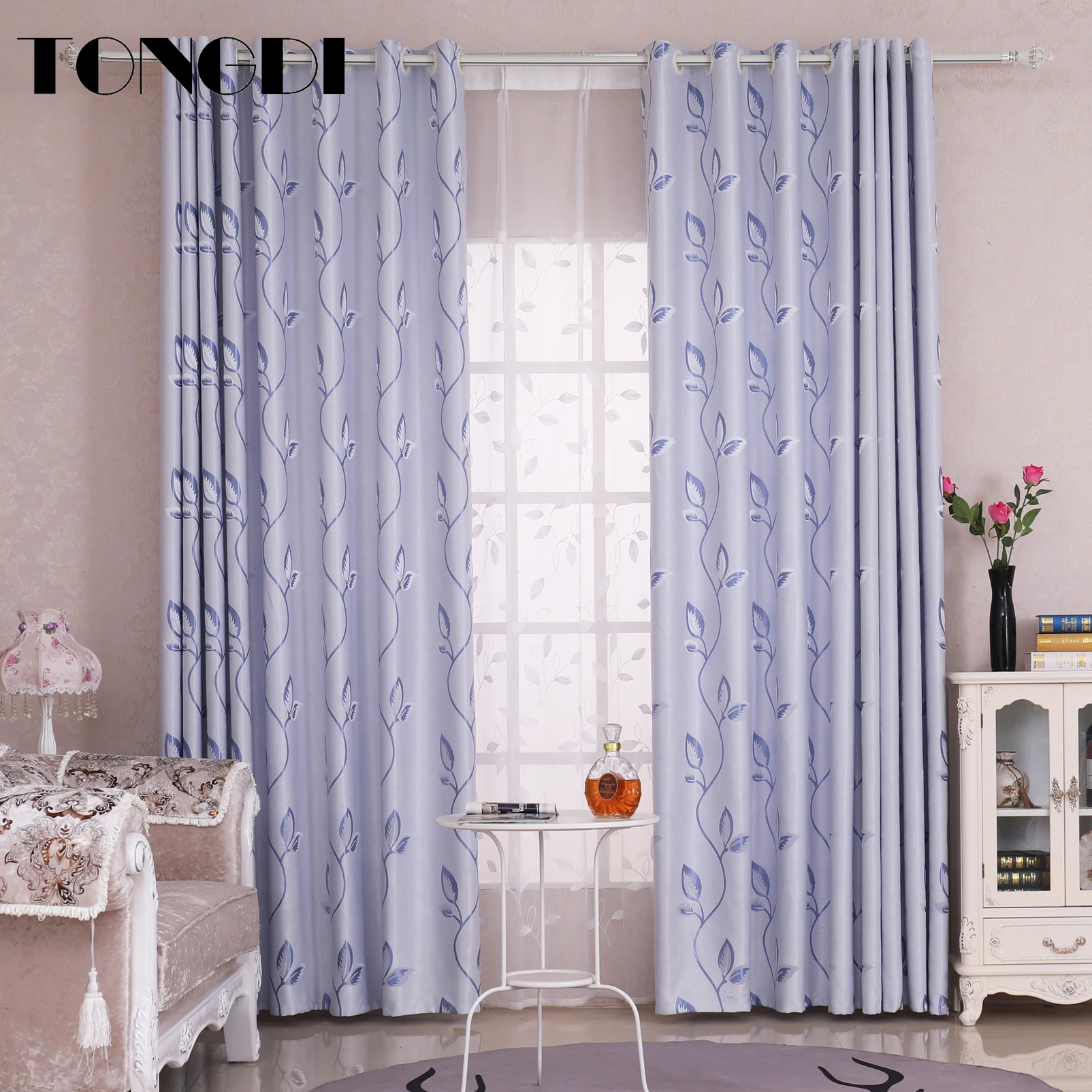 

TONGDI Blackout Curtain Modern Leaves Striped Thickened Elegant High-grade Decoration For Home Parlour Room Bedroom Living Room