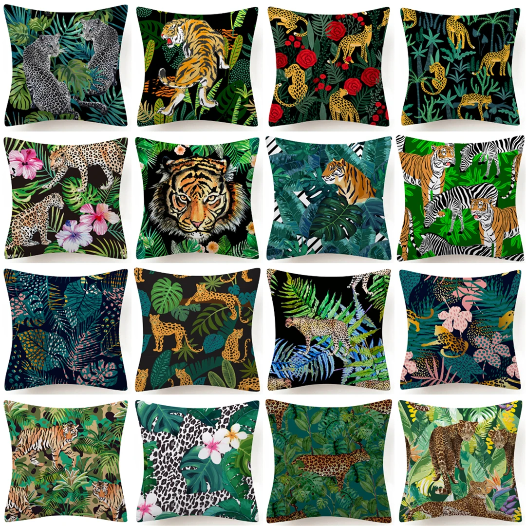 

Tropical Jungle Tiger Leopard Floral Cushions Case Hot Sale Flowers Green Leaves Sofa Couch Throw Pillows Case Livingroom Decor