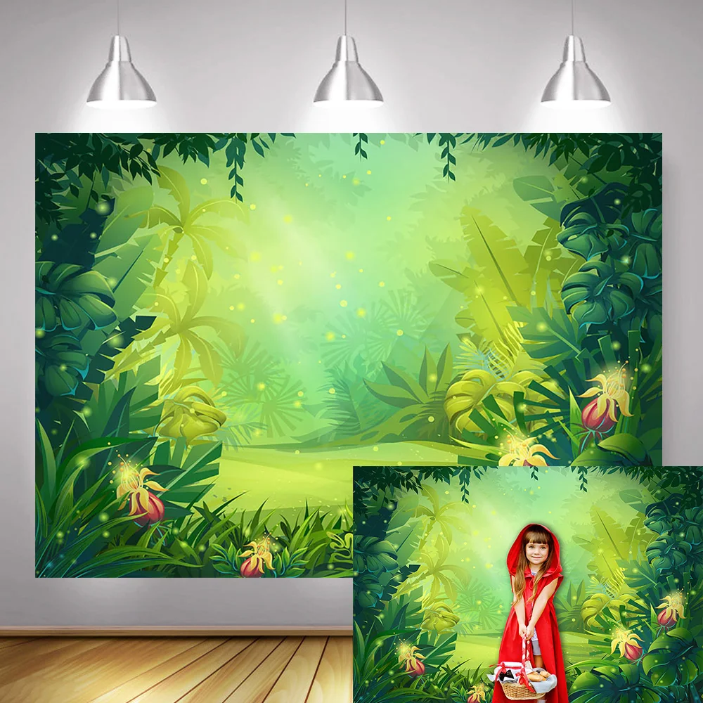 

Green Jungle Forest Background Photography Cartoon Fairy Tale Safari Party Backdrop Decoration Girl's Birthday Photo Shoot