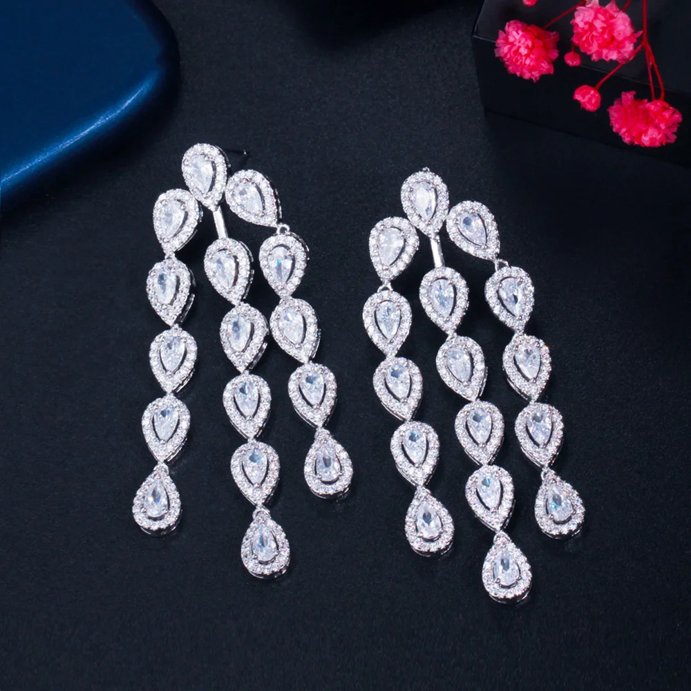 Pera Shiny White Long Pendant Tassel Waterdrop Cubic Zirconia Women Wedding Bridal Engagement Party Dangle Earrings E724