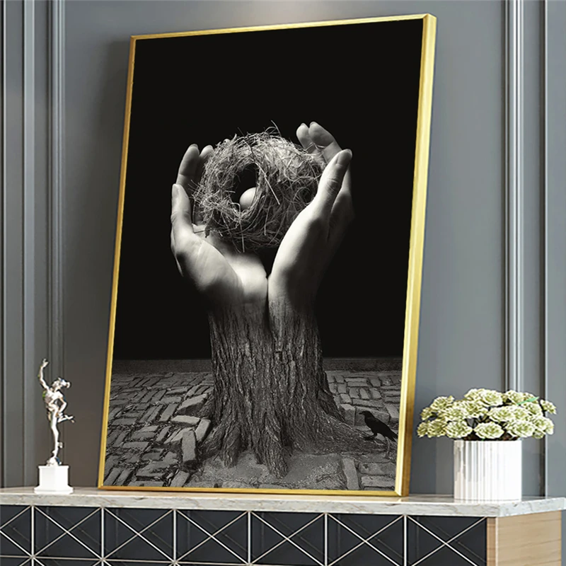 Bird's Nest In Hand Surrealism Picture Black And White Modern Canvas Art Poster And Print Room Decoration Wall Painting For Home