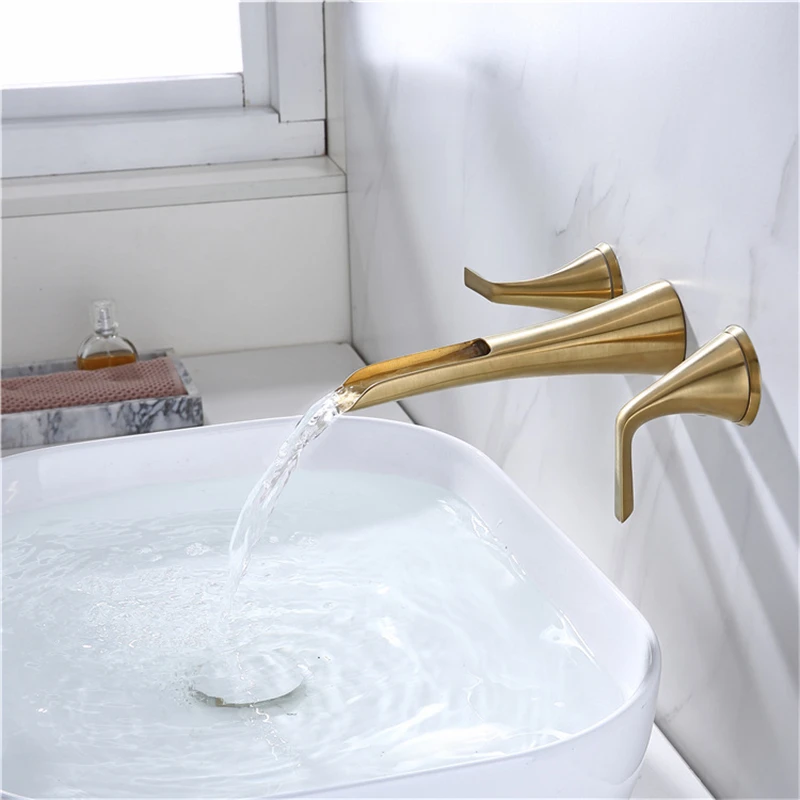 Widespread Bathroom Faucet Wall Mounted Brushed Gold Copper Basin Faucet Double Handle 3 Holes Hot and Cold Bathroom Sink Faucet