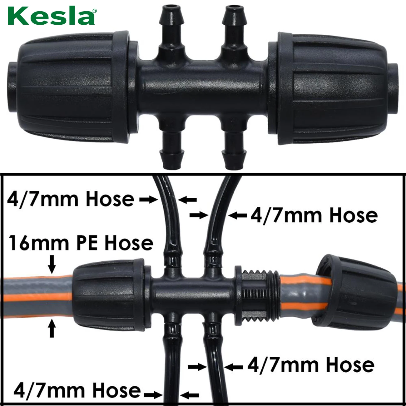 KESLA 16mm to 4/7mm Tubing Connector Garden Flower Irrigation Water Adapter 6-Ways PE Tubing to 1/4'' Micro Hose Connector Joint