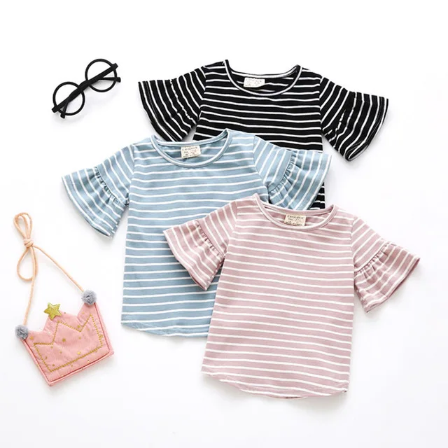 

Toddler Girl Summer Causal T Shirt Ruffle T-shirt For Girls Lovely Baby Pink/White/Gray/Striped Basic Tees Quality Tops