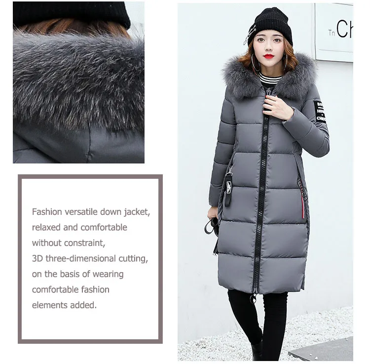 2025 Women's Down Parkas Winter Jacket Big Fur Collar Thick Slim Coat Fashion Hooded Cotton Outerwear Long Winter Woman Coat