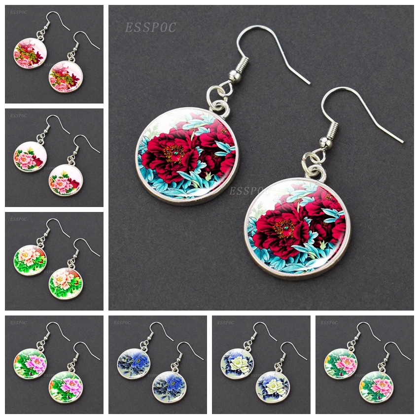 

Peony Pattern Silver Color Dangle Earrings Fashion Blue Peony Glass Cabochon Jewelry Delicate Pendant Earings Girl Women Gifts