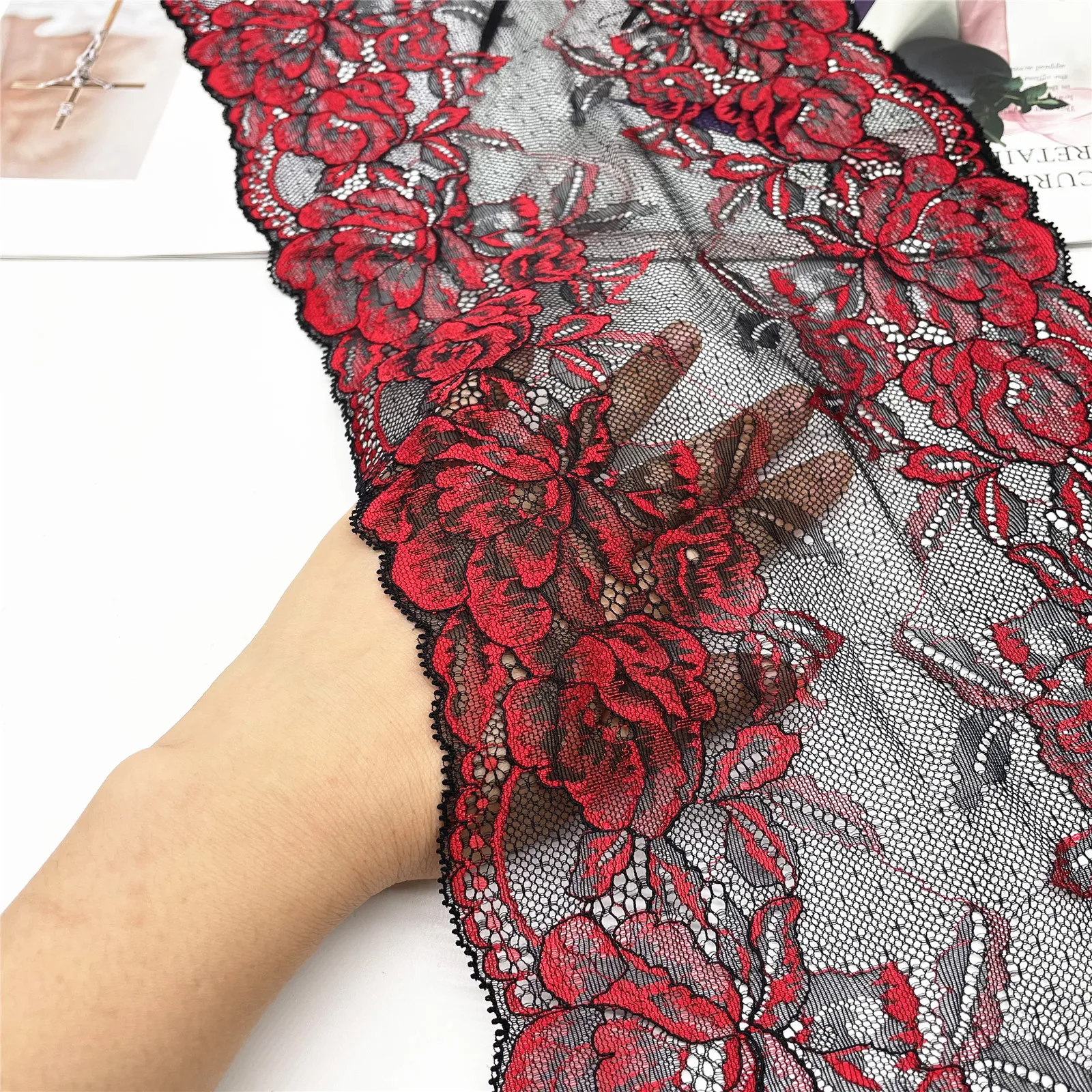 3y/lot Width 23cm Elastic Stretch Lace trim Red Coffee Skirt Hem Underwear Sewing Craft DIY Apparel Fabrics Lace Lingerie