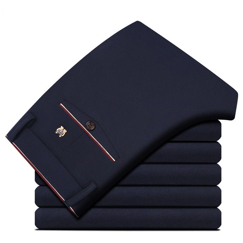 Pantalones de traje elegantes para hombre, pantalón largo recto de Color sólido, ajustado, Formal, negro y azul, a la moda, 2020