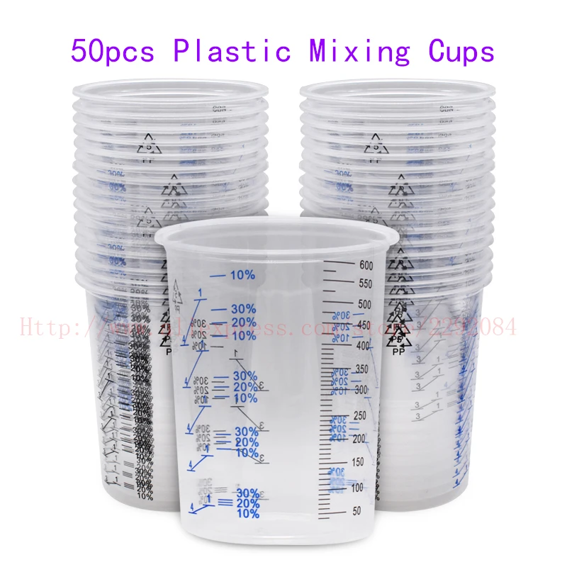 600ml Spray Gun Disposable Measuring Cups 50pcs Clear Graduated Plastic Paint Mixing Cups & Mixing Sticks for Paint