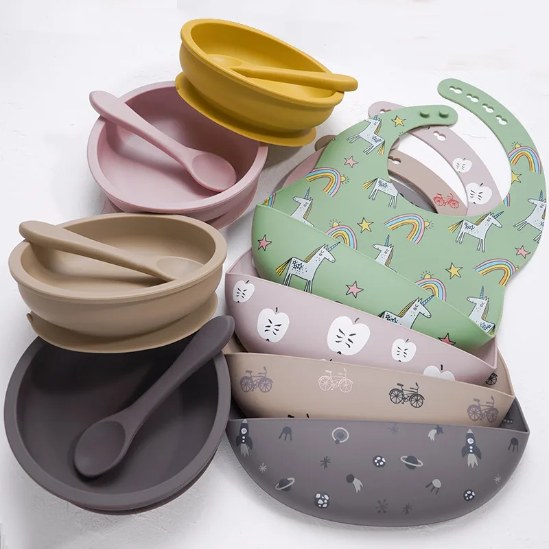 Baby Tableware Set Waterproof  Cartoon Kid Bibs Non-Slip Feedings Silicone Bowl Newborn Accessories Baby Feeding Supplies