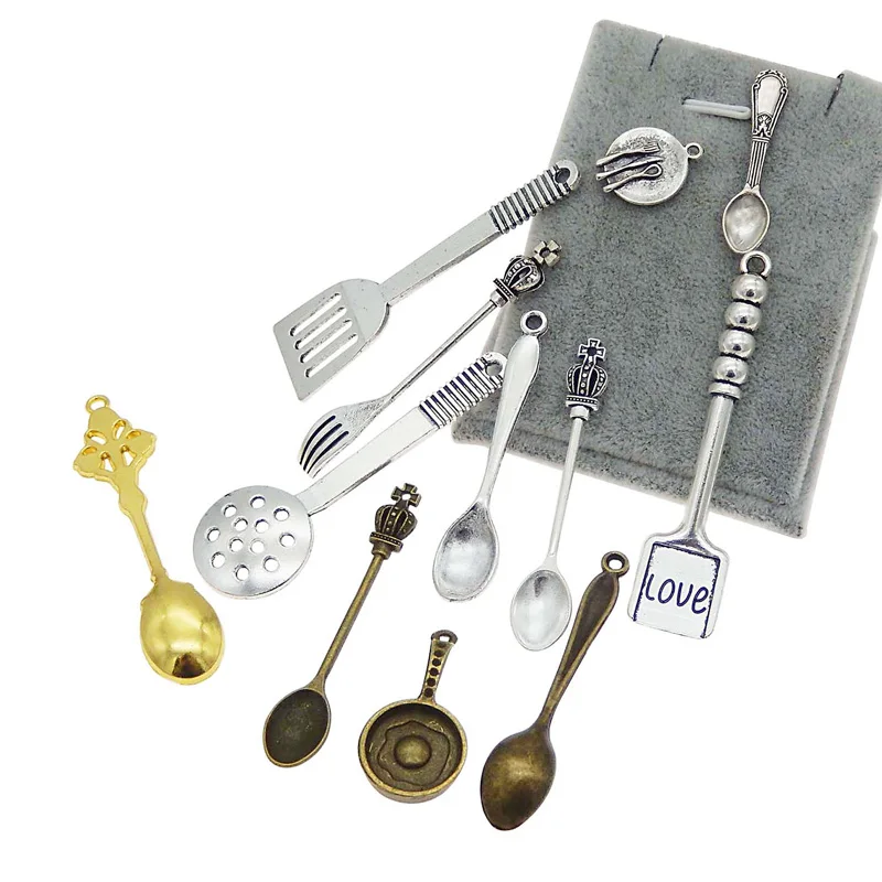 Julie Wang 24pcs Antiqued Cooking Tools Charms Spoon Shovel Fork Mixed Alloy Tableware Pendants Jewelry Making Accessory