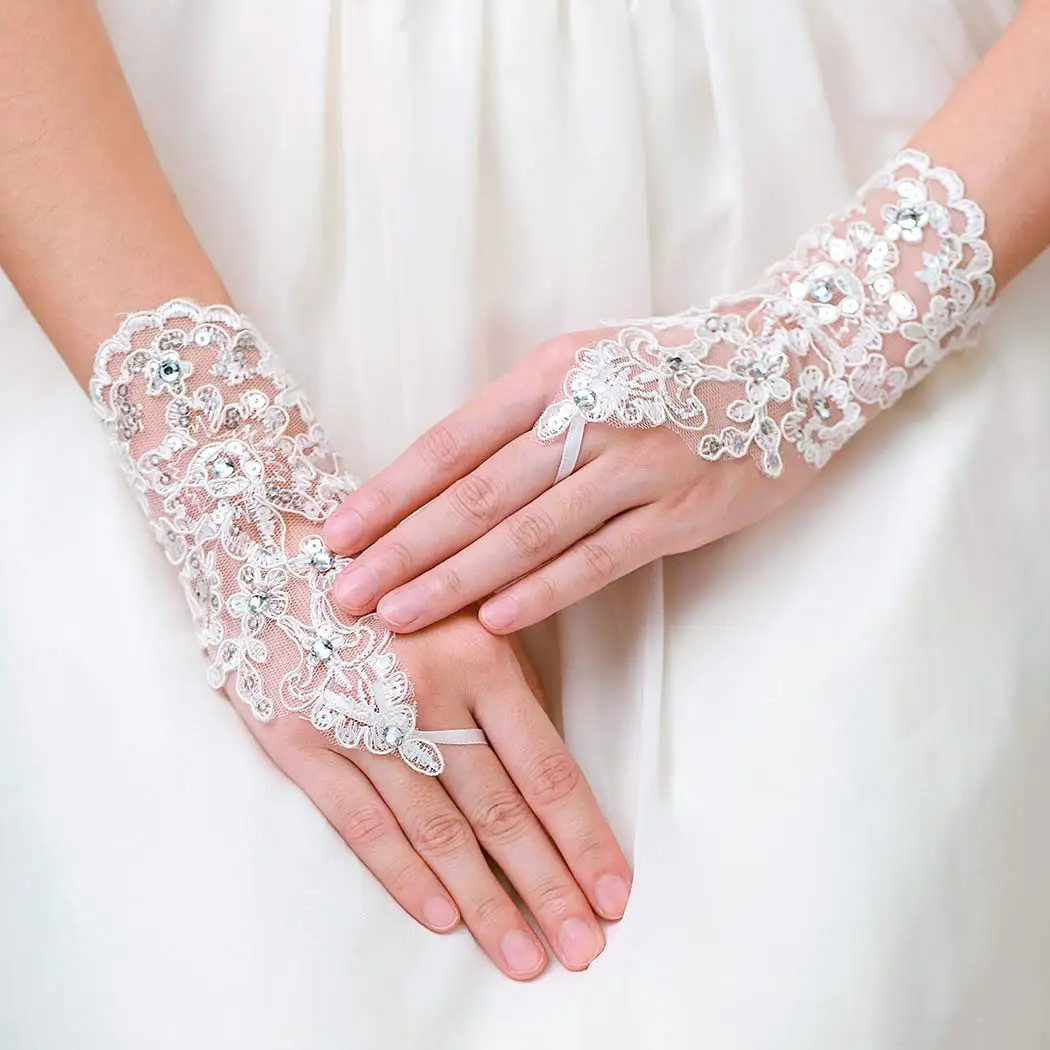 Guantes de encaje de cristal para boda, guantes de flores nupciales para mujer, 2022