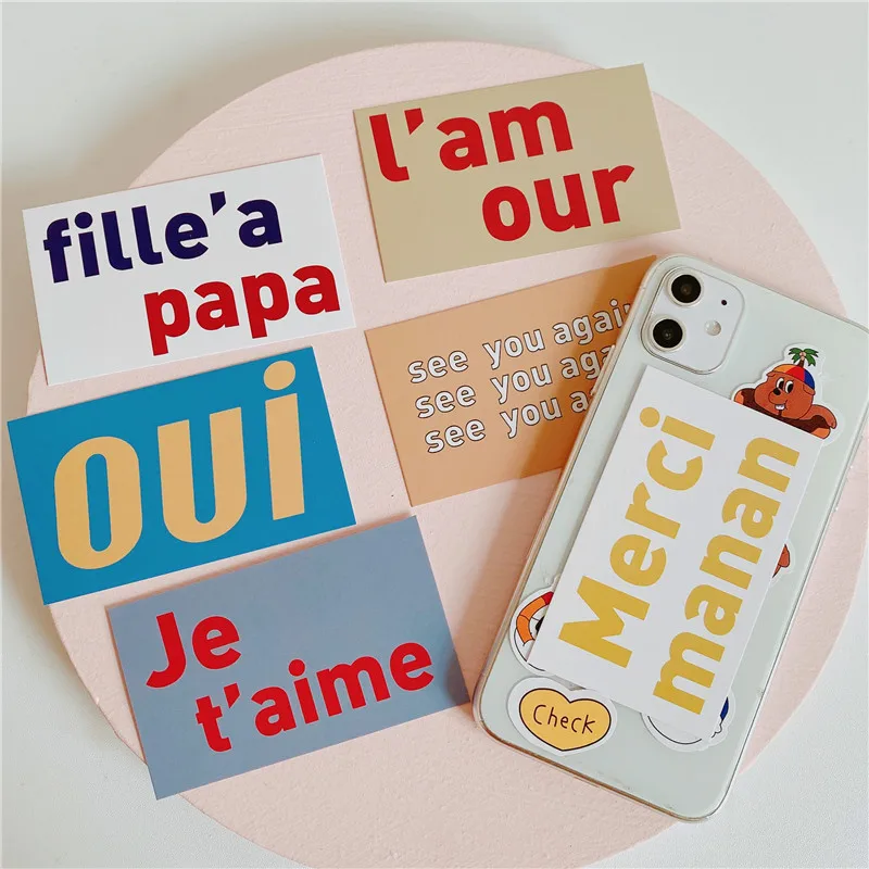 Ins Chic Simple English Decorative Card 6 Sheets Korean Contrast Color Creative Mobile Phone Shell Small Card Diy Wall Sticker