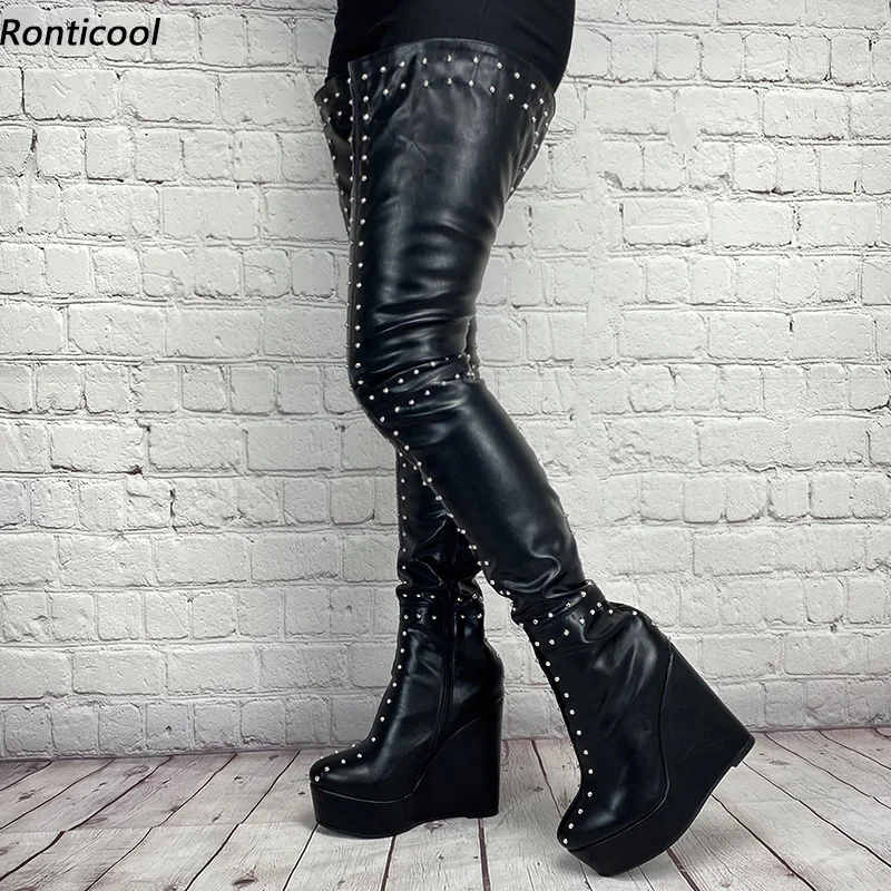 

Ronticool Handmade Women Winter Platform Thigh Boots Sexy Rivets Wedges Heels Round Toe Black Cosplay Unisex Shoes Us Size 5-20