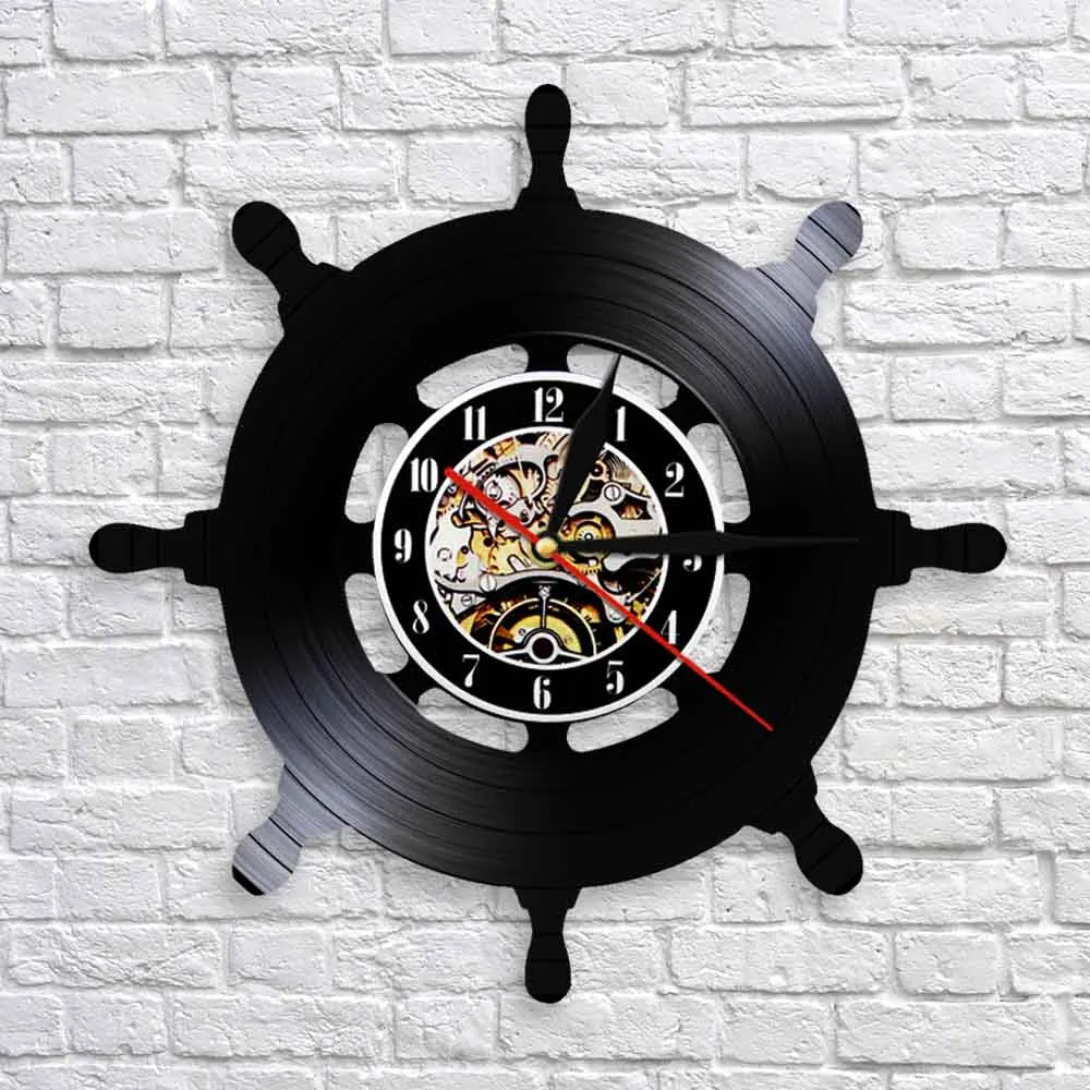 Captain Ship Wheel Wall Clock Ship Steering Vintage Vinyl Record Clock Hanging Watches Travel Sea Sailing Mariner Sailors Gift