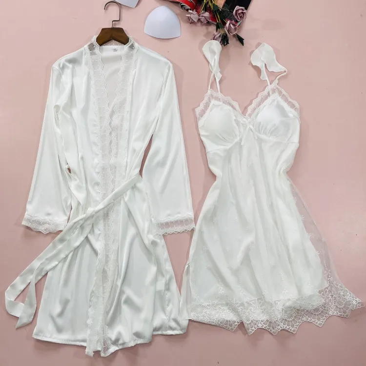 2PCS Nighty & Robe Anzug Satin Frauen Robe Set Kimono Kleid Casual Intimate Dessous Druck Hause Kleidung Sexy Nachthemd nachtwäsche – Detail 2
