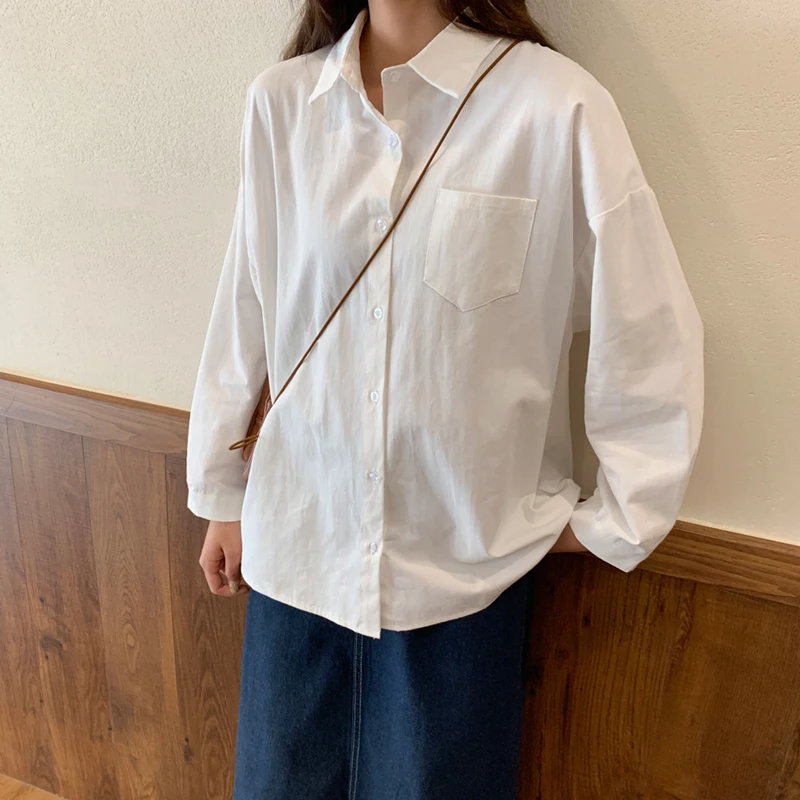 White Shirt Woman 2020 Autumn Street Style Casual Pocket Twill Long Sleeve Oversized Loose Blouse Female Cotton Plus Size Tops