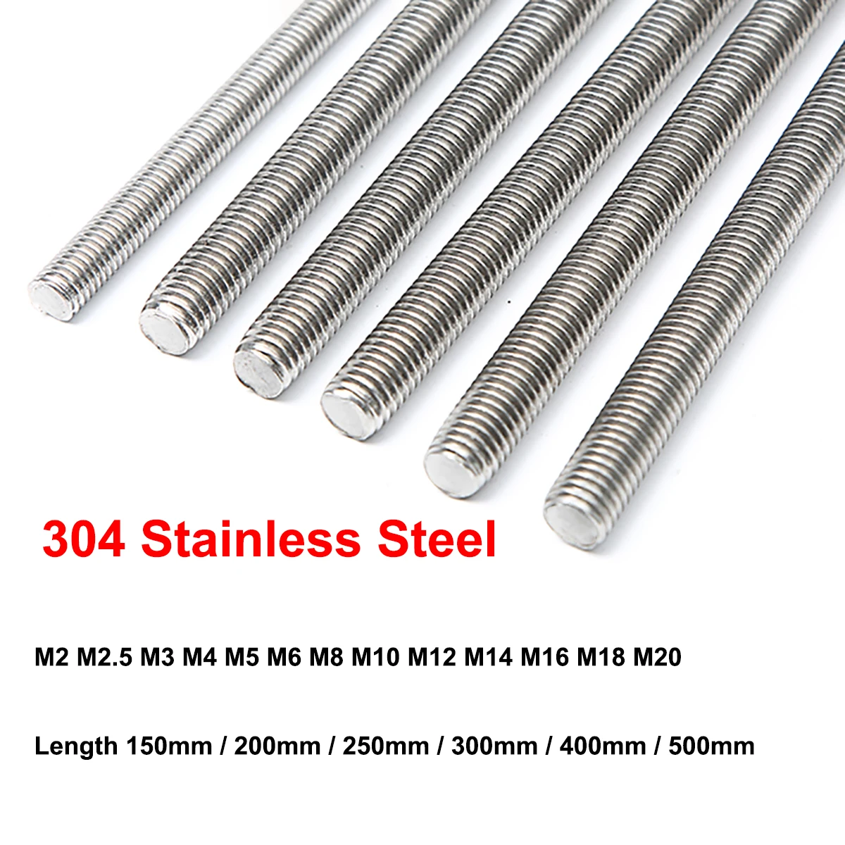 1PCS 304 Stainless Steel Threaded Rod Full-Thread Bar M2 M2.5 M3 M4 M5 M6 M8 M10 M12 M14 M16 M18 M20 Length 100mm - 500mm