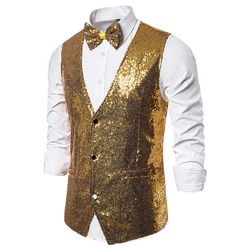 Glanzend Koningsblauw Pailletten Jurk Vesten Mannen Slim Fit V-hals Glitter Tuxedo Vest Heren Bruiloft Stage Prom Vest met Bowtie