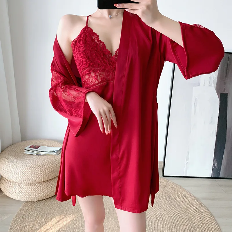 

Satin Sleepwear Sexy Lace Robe Set For Women Soft Kimono Bathrobe Gown Summer Casual Nightgown Intimate Lingerie Homewear Dress