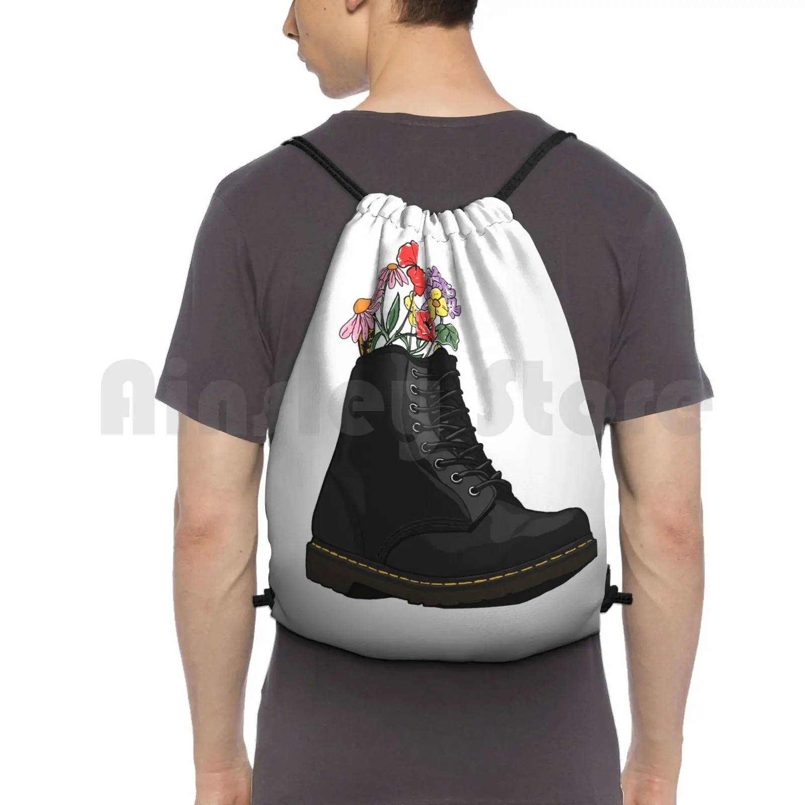 Flowers Growing From Doc Marten Boot Backpack Drawstring Bags Gym Bag Waterproof Patriarchy Flowers Bouquet Docs Doc Punk