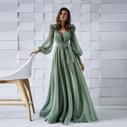 Maßgeschneidertes exquisites A-Linien-Partykleid für Frauen mit langen Ärmeln, Rüschen, V-Ausschnitt, individuelles bodenlanges formelles Abendkleid, Vestidos D