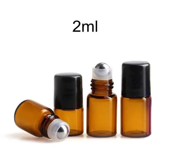 600pcs/lot Empty Mini 2ml Amber Roll on Glass Bottles Essential Oil Liquid Perfume Bottle With Metal Roller Ball