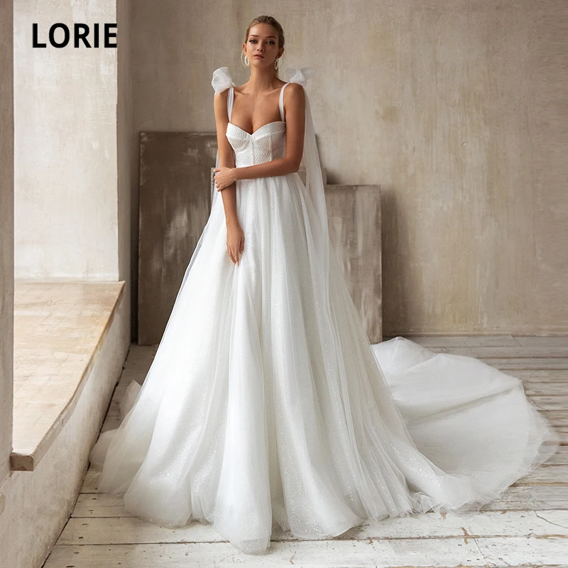 LORIE brokatowe suknie ślubne Boho Sweetheart Spaghetti pasek tiul-line biała kość słoniowa gorset suknia ślubna suknia ślubna
