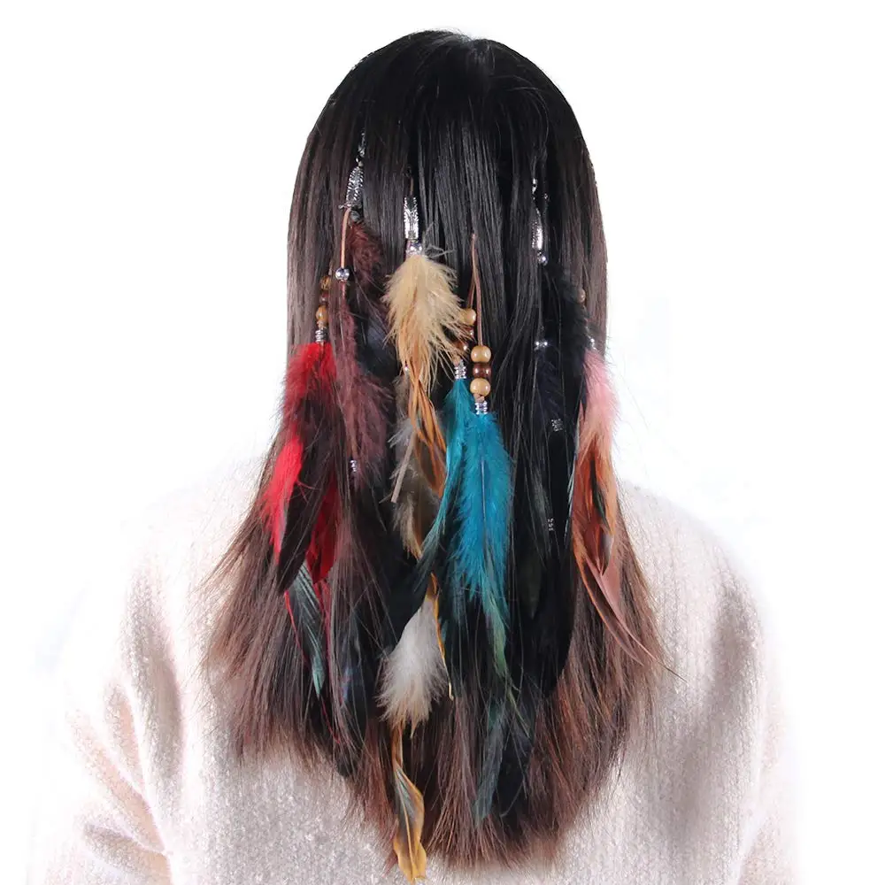 Hair Feather Clip Extensions Handmade Hippie Hair Extension Tribal Feather Braided Beads Headdress DIY Accessories for Women