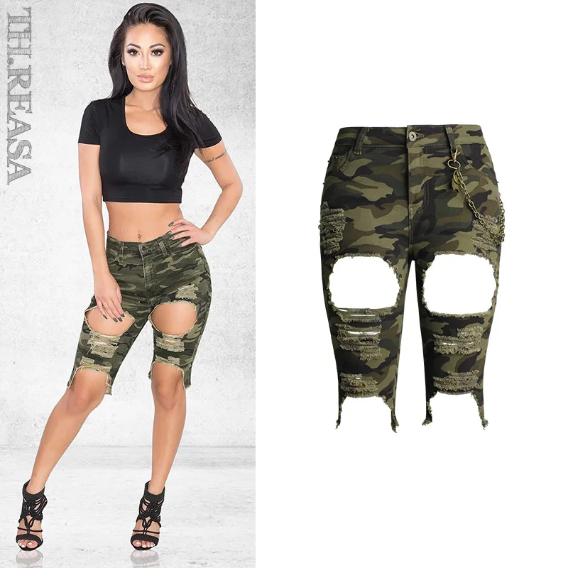 

New Flower Street Fashion Style Elastic Slim Camouflage Women's Jeans High Waist Hole Jeans Pants
