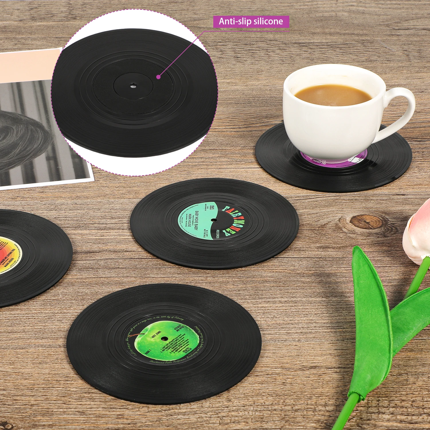 Coasters For Drinks, Retro Funny Novelty 6 Pieces Vinyl Disk Coasters With Player Holder, Effective Protection Of The Desktop