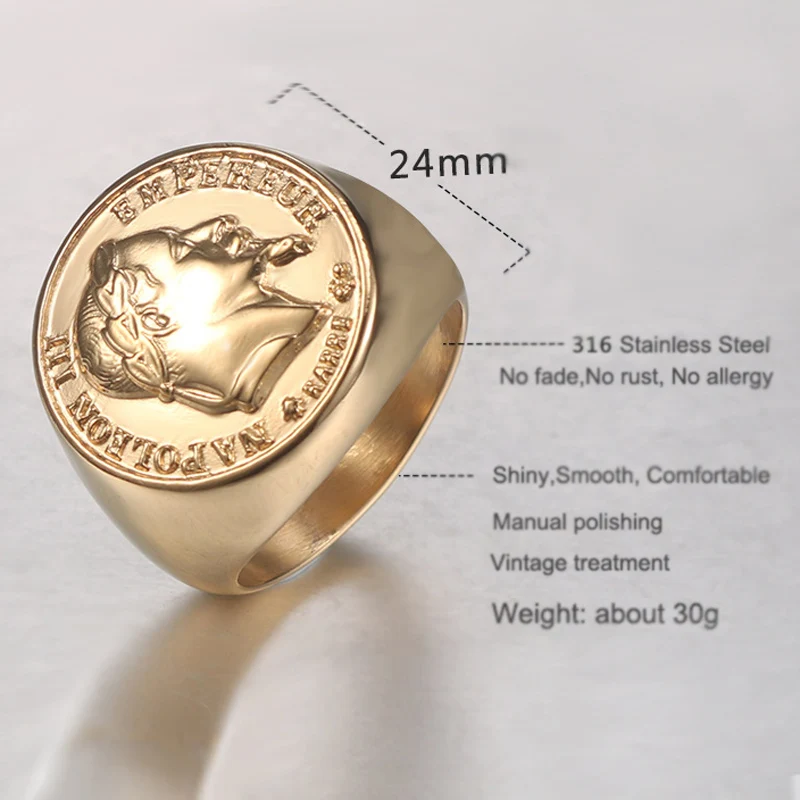 French Napoleon III Emperor Signet Ring Gold For Men Stainless Steel Francs Coin Jewelry Punk Size 7-14